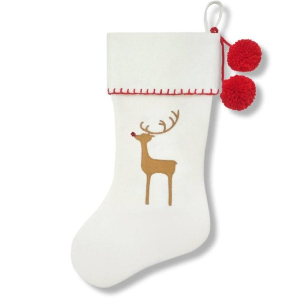 Off-White Cute Reindeer Felt Stocking with Jingle Bell Detail - Retreat Home Furniture