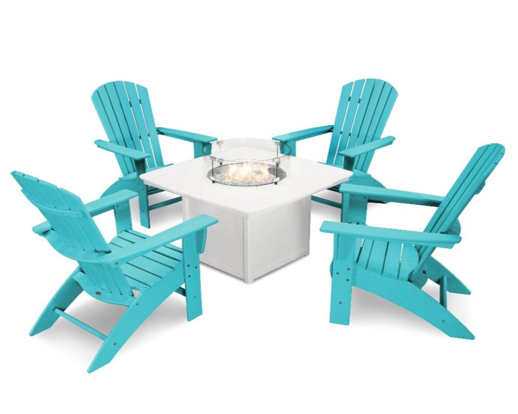 Nautical Curveback Adirondack 5-Piece Conversation Set with Fire Pit Table - Retreat Home Furniture