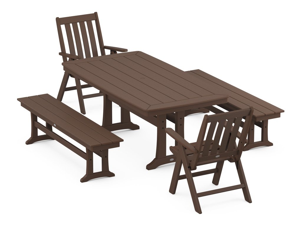 Vineyard Folding Chair 5-Piece Dining Set with Trestle Legs and Benches Photo