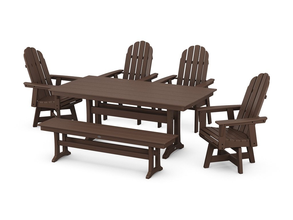 Vineyard Curveback Adirondack 6-Piece Swivel Chair Farmhouse Dining Set with Trestle Legs and Bench Photo