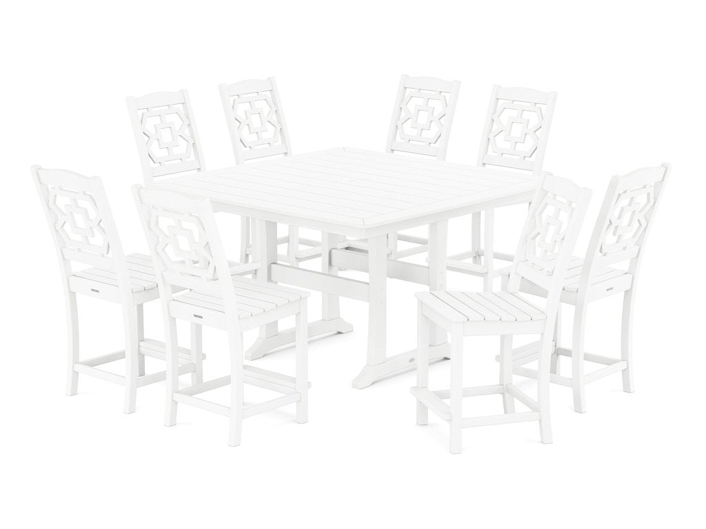 Chinoiserie 9-Piece Square Side Chair Counter Set with Trestle Legs Photo