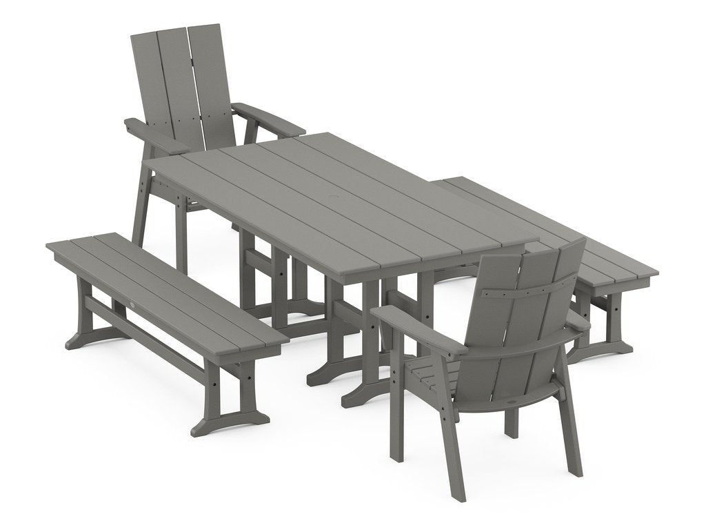 Modern Curveback Adirondack 5-Piece Farmhouse Dining Set with Benches Photo