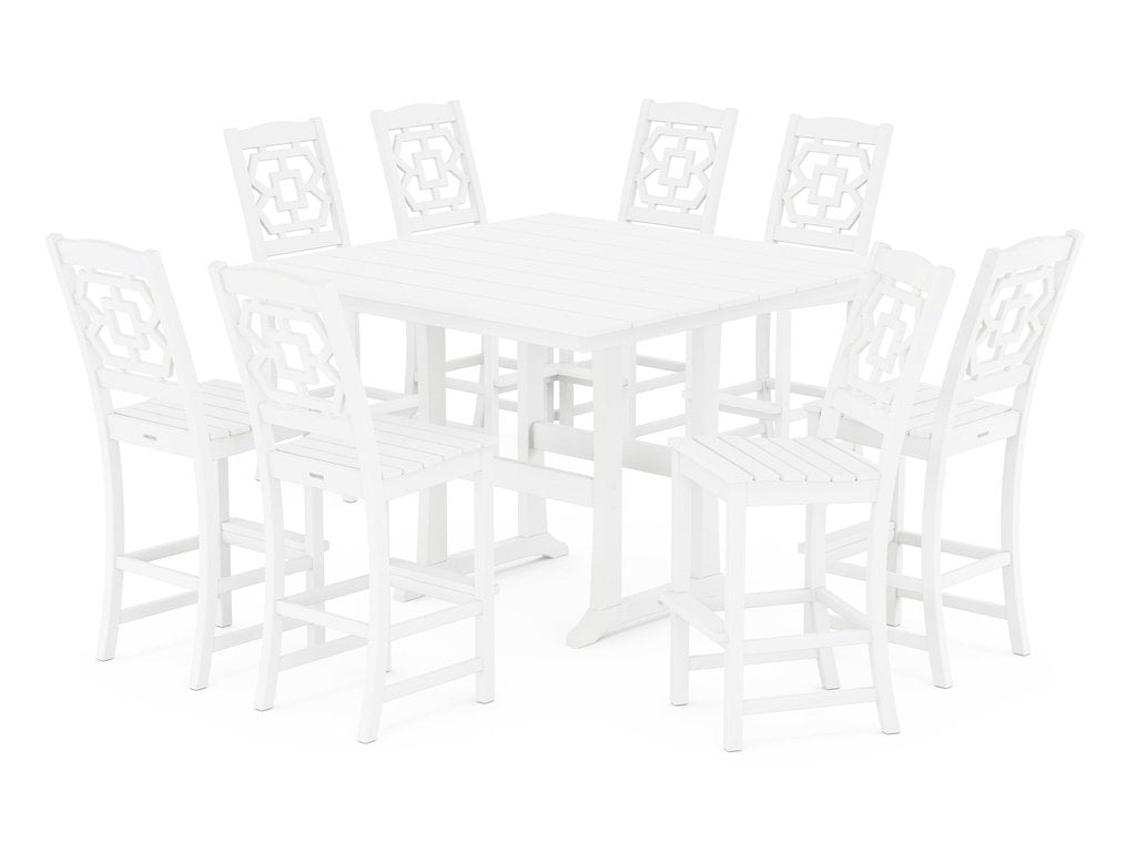 Chinoiserie 9-Piece Square Farmhouse Side Chair Bar Set with Trestle Legs Photo