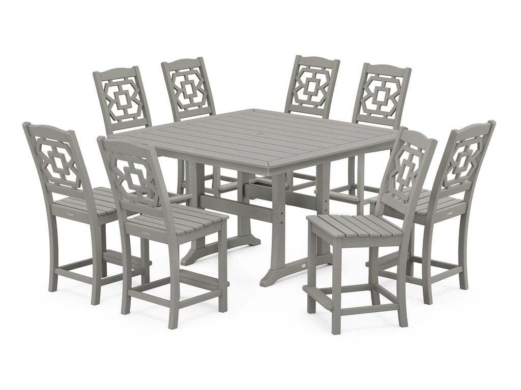 Chinoiserie 9-Piece Square Side Chair Counter Set with Trestle Legs Photo