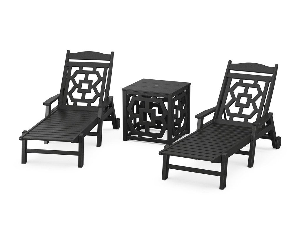 Chinoiserie 3-Piece Chaise Set with Umbrella Stand Accent Table Photo