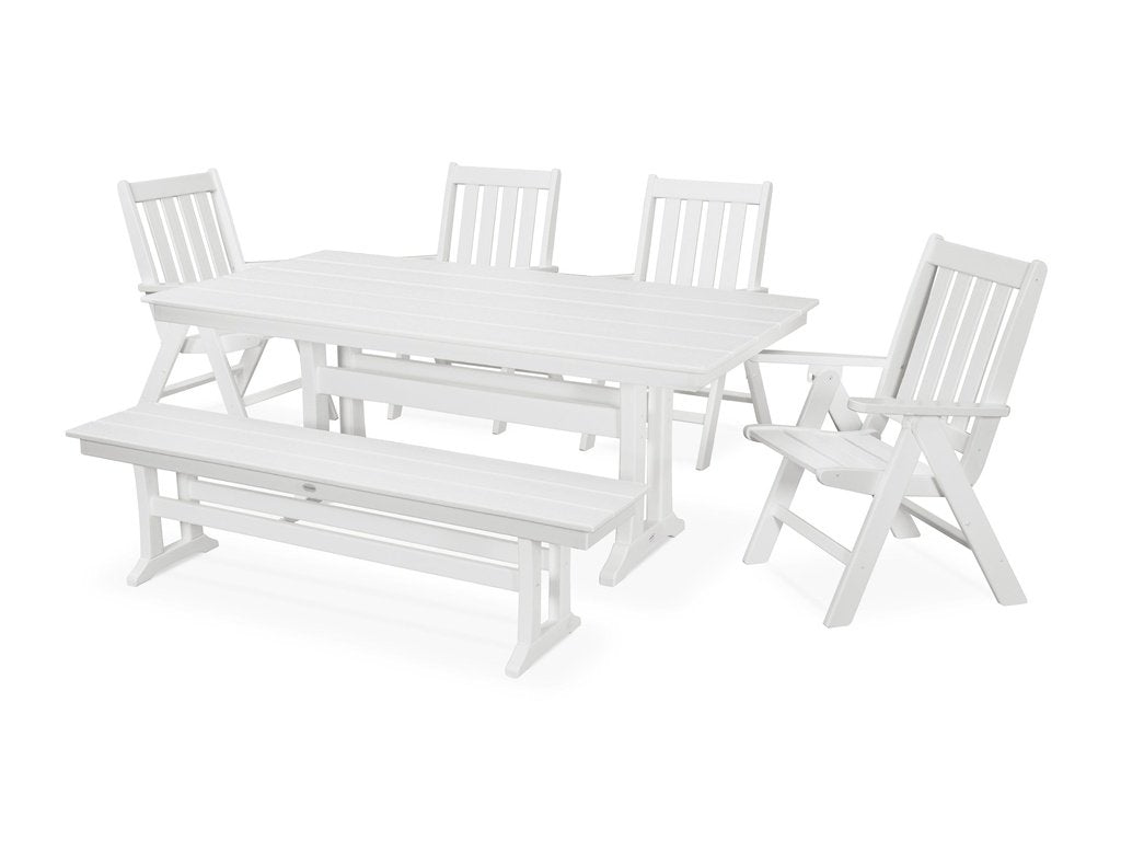 Vineyard 6-Piece Folding Chair Farmhouse Dining Set with Trestle Legs and Bench Photo