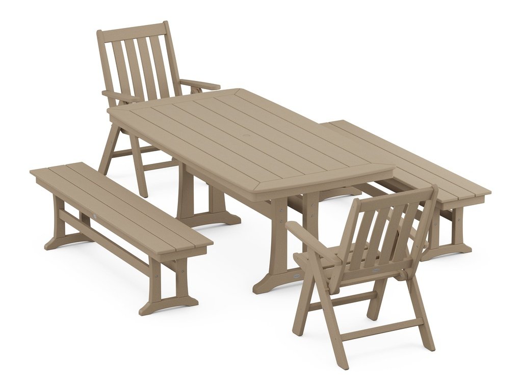 Vineyard Folding Chair 5-Piece Dining Set with Trestle Legs and Benches Photo