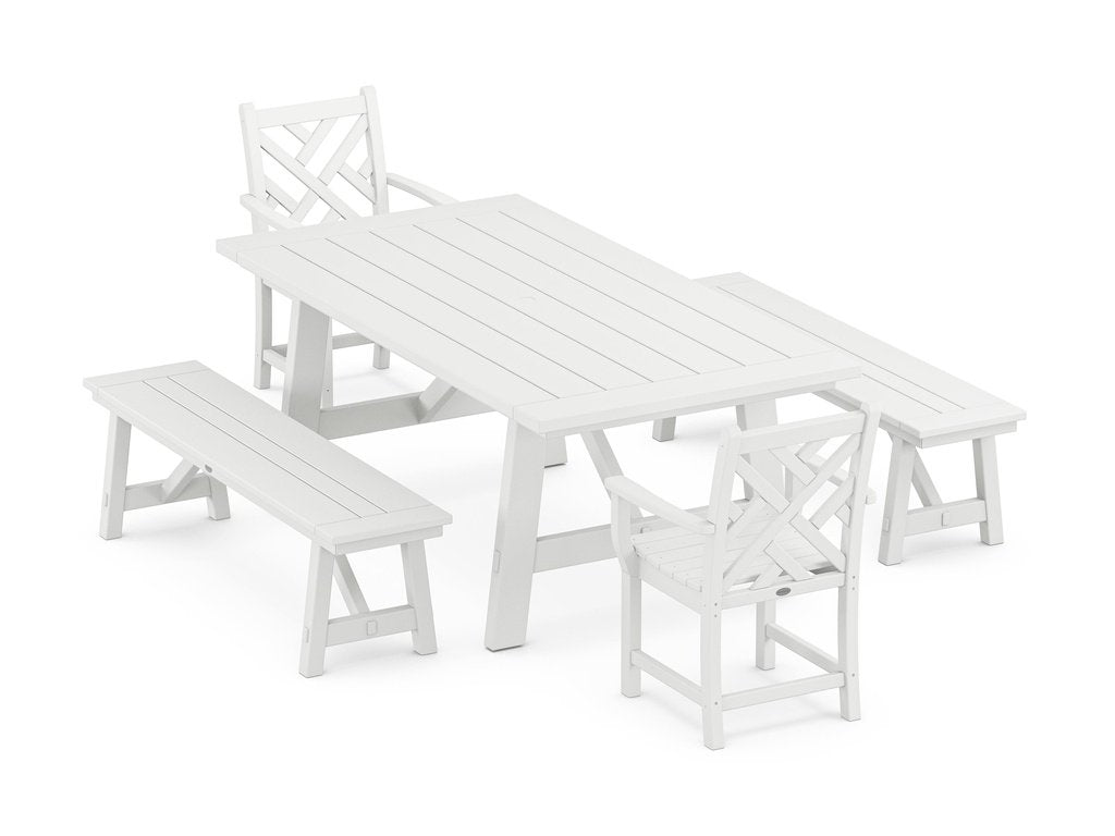 Chippendale 5-Piece Rustic Farmhouse Dining Set With Benches Photo