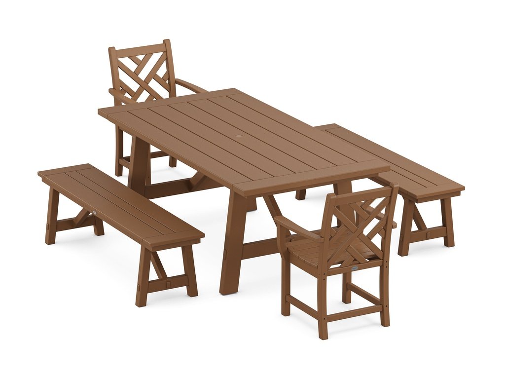 Chippendale 5-Piece Rustic Farmhouse Dining Set With Benches Photo