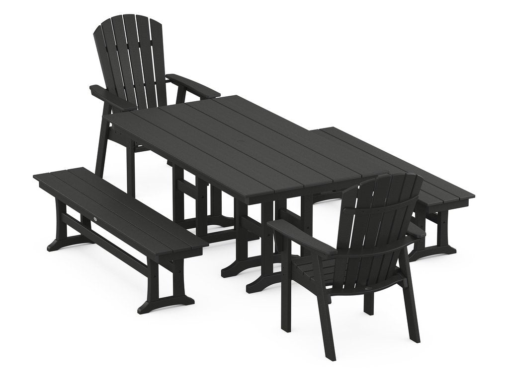 Nautical Curveback Adirondack 5-Piece Farmhouse Dining Set with Benches Photo