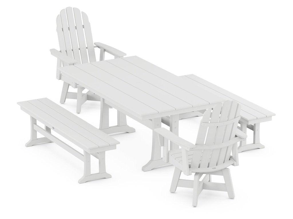 Vineyard Curveback Adirondack Swivel Chair 5-Piece Farmhouse Dining Set With Trestle Legs and Benches Photo