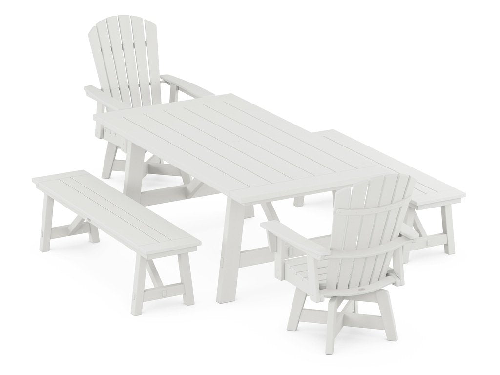 Nautical Curveback Adirondack Swivel Chair 5-Piece Rustic Farmhouse Dining Set With Benches Photo