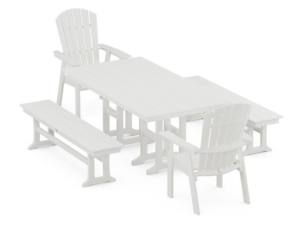 Nautical Curveback Adirondack 5-Piece Farmhouse Dining Set with Benches Photo