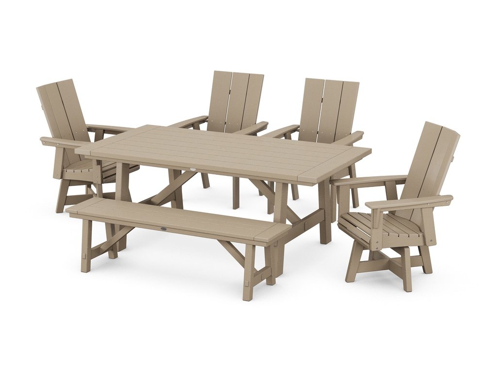 Modern Curveback Adirondack Swivel Chair 6-Piece Rustic Farmhouse Dining Set with Bench Photo