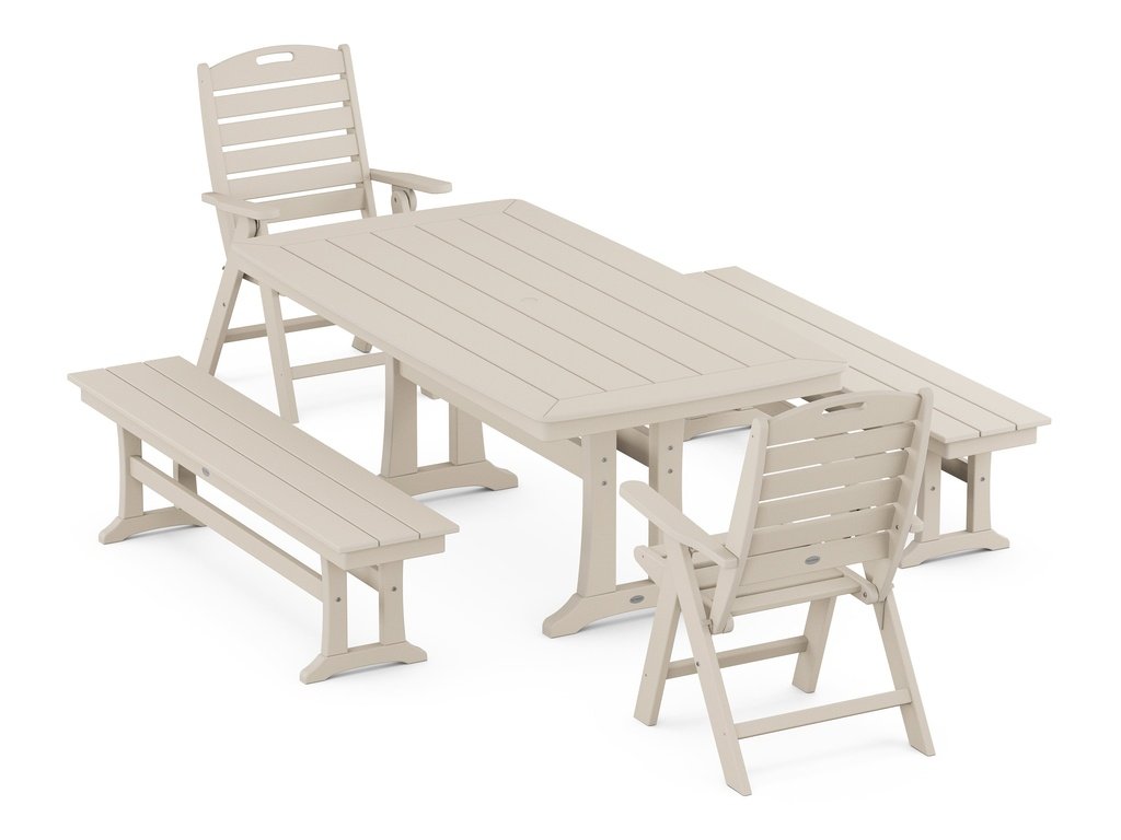 Nautical Folding Highback Chair 5-Piece Dining Set with Trestle Legs and Benches Photo