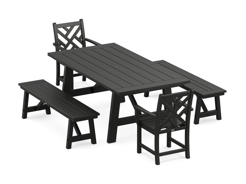 Chippendale 5-Piece Rustic Farmhouse Dining Set With Benches Photo