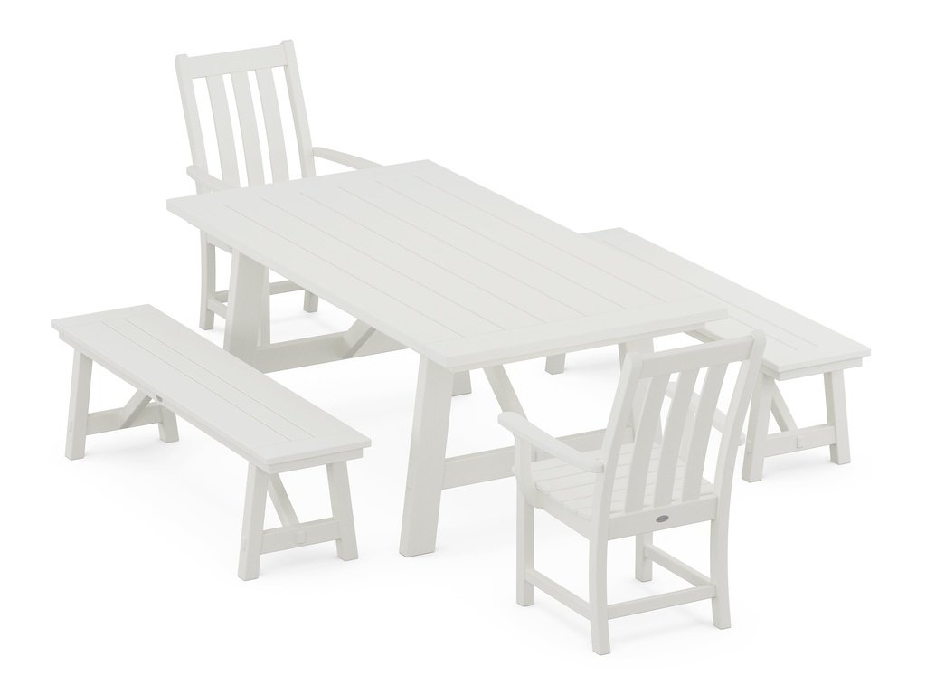 Vineyard 5-Piece Rustic Farmhouse Dining Set With Benches Photo