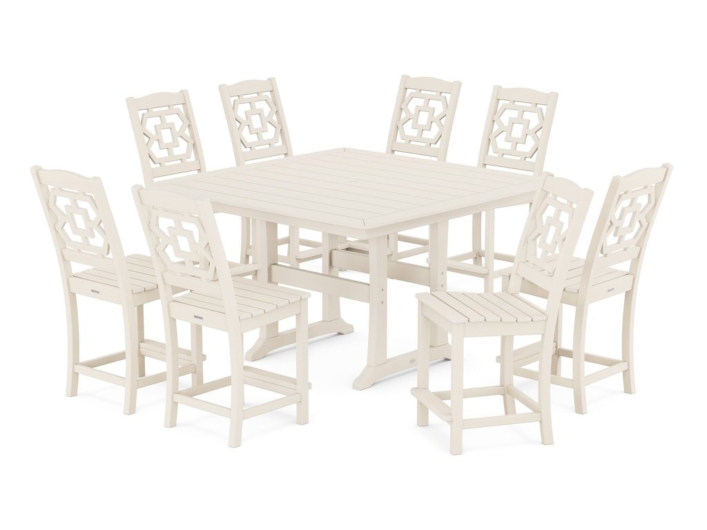 Chinoiserie 9-Piece Square Side Chair Counter Set with Trestle Legs Photo