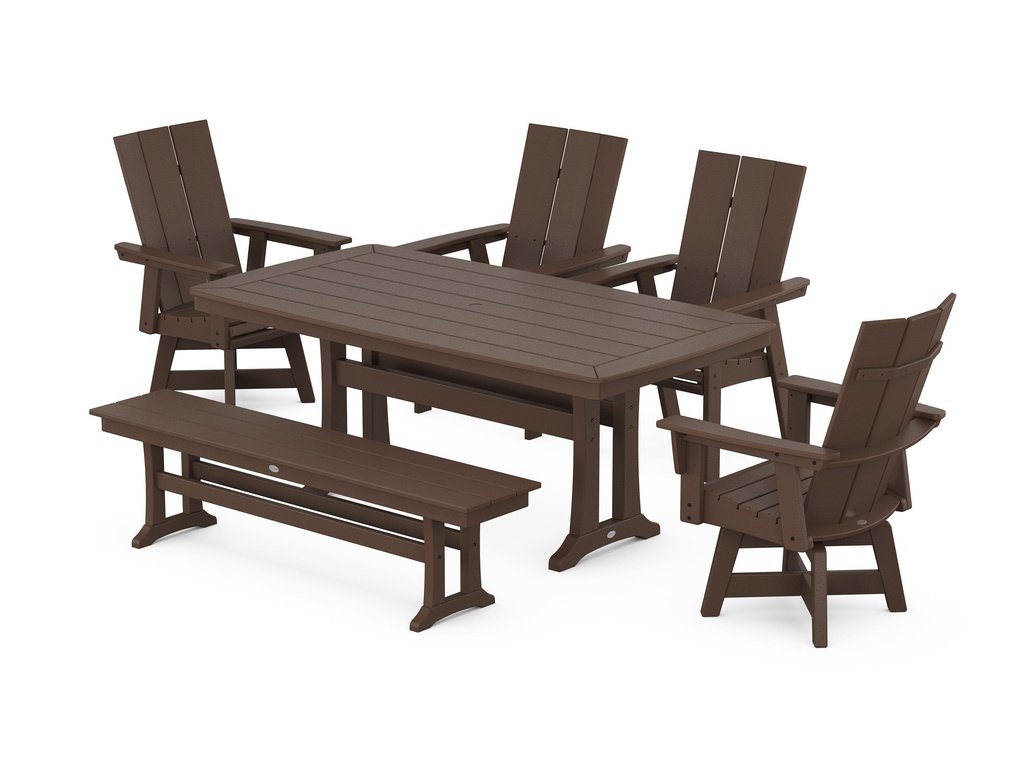 Modern Curveback Adirondack Swivel Chair 6-Piece Dining Set with Trestle Legs and Bench Photo