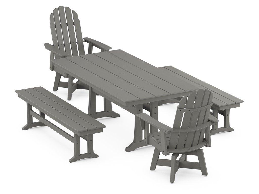 Vineyard Curveback Adirondack Swivel Chair 5-Piece Farmhouse Dining Set With Trestle Legs and Benches Photo