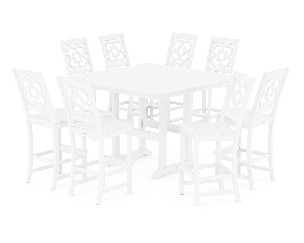 Chinoiserie 9-Piece Square Side Chair Bar Set with Trestle Legs Photo