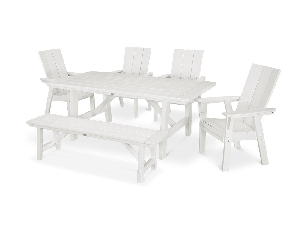 Modern Curveback Adirondack 6-Piece Rustic Farmhouse Dining Set with Bench Photo