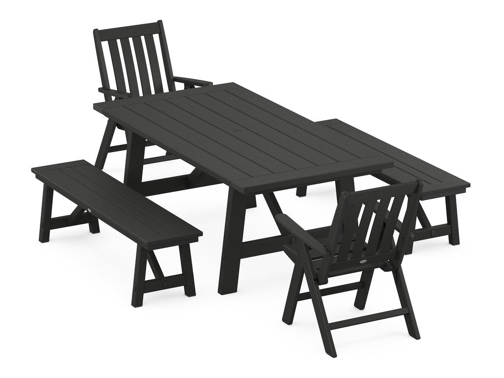 Vineyard Folding Chair 5-Piece Rustic Farmhouse Dining Set With Benches Photo