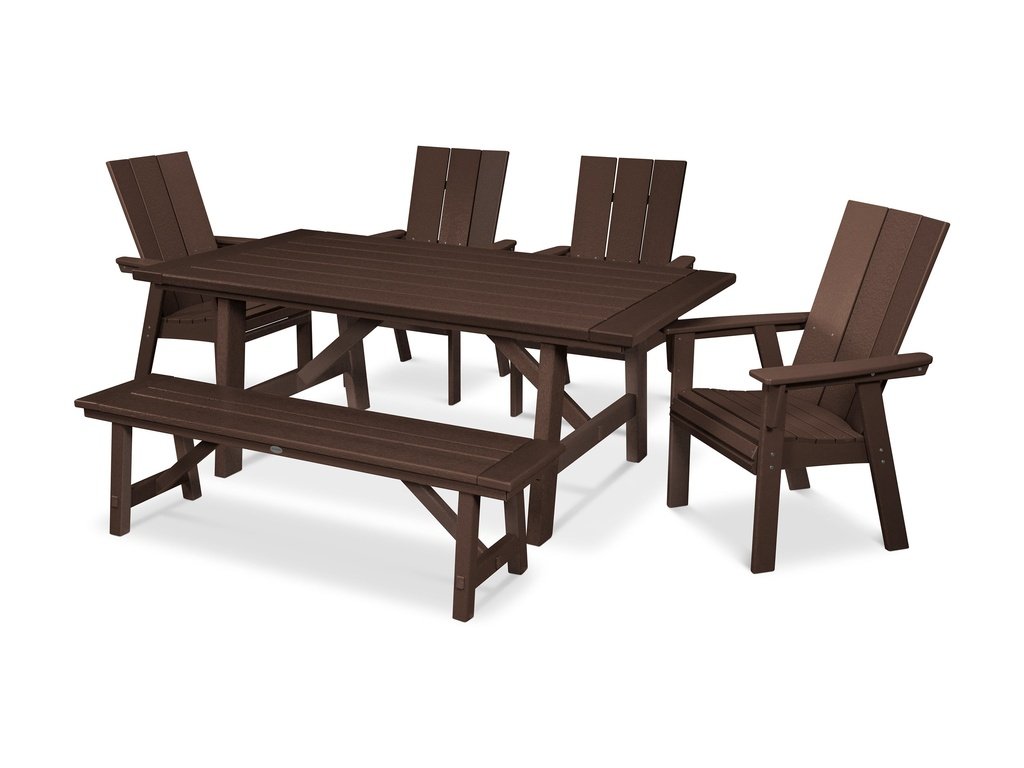 Modern Curveback Adirondack 6-Piece Rustic Farmhouse Dining Set with Bench Photo