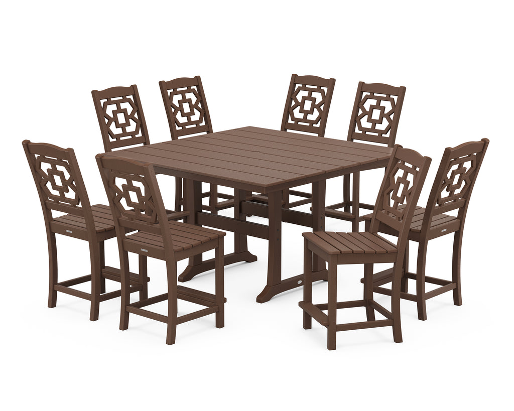 Chinoiserie 9-Piece Square Farmhouse Side Chair Counter Set with Trestle Legs Photo