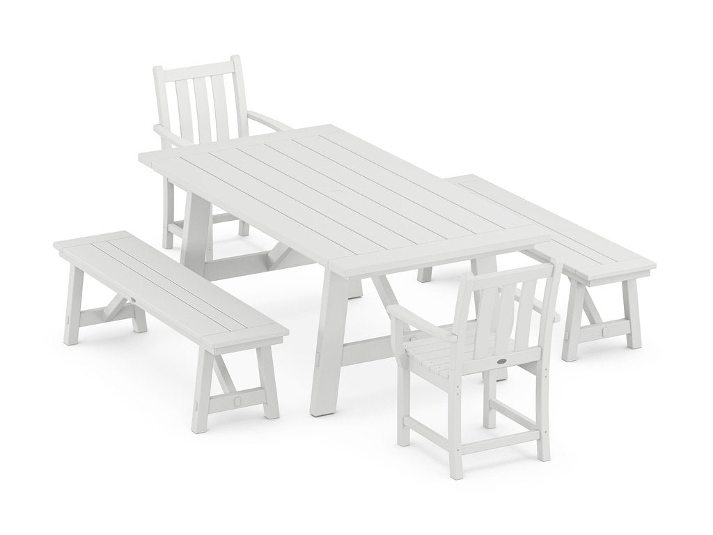 Traditional Garden 5-Piece Rustic Farmhouse Dining Set With Benches Photo