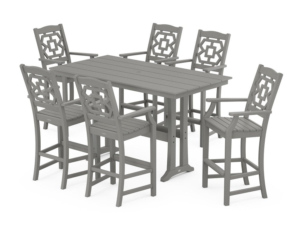 Chinoiserie Arm Chair 7-Piece Farmhouse Bar Set with Trestle Legs Photo