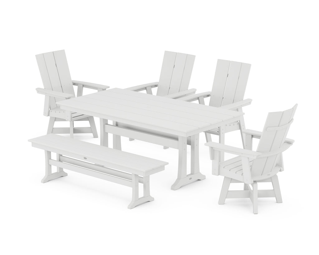 Modern Curveback Adirondack Swivel Chair 6-Piece Farmhouse Dining Set With Trestle Legs and Bench Photo