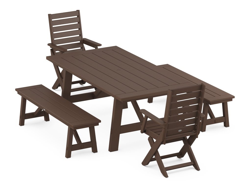 Captain Folding Chair 5-Piece Rustic Farmhouse Dining Set With Benches Photo