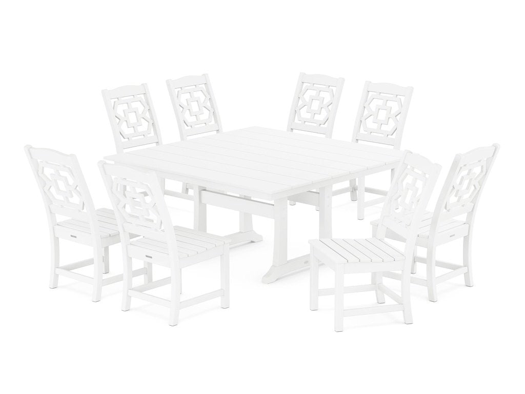 Chinoiserie 9-Piece Square Farmhouse Side Chair Dining Set with Trestle Legs Photo