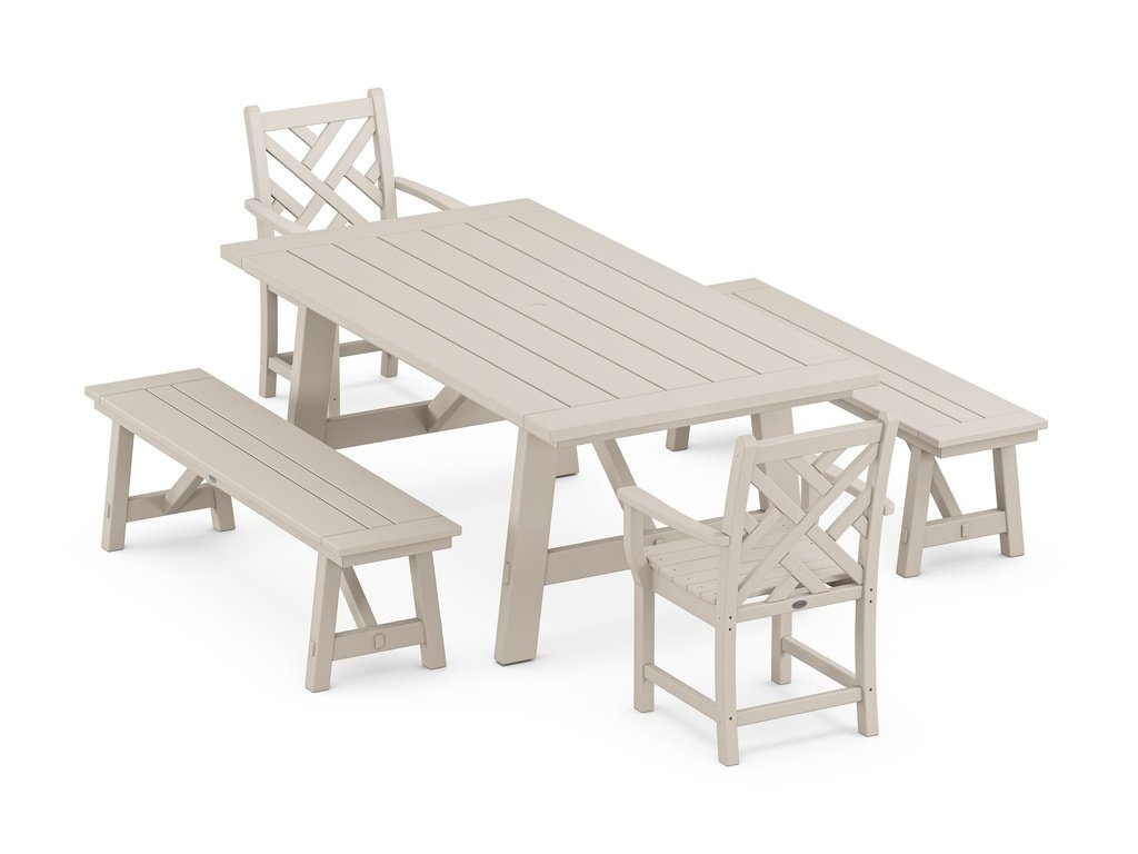 Chippendale 5-Piece Rustic Farmhouse Dining Set With Benches Photo