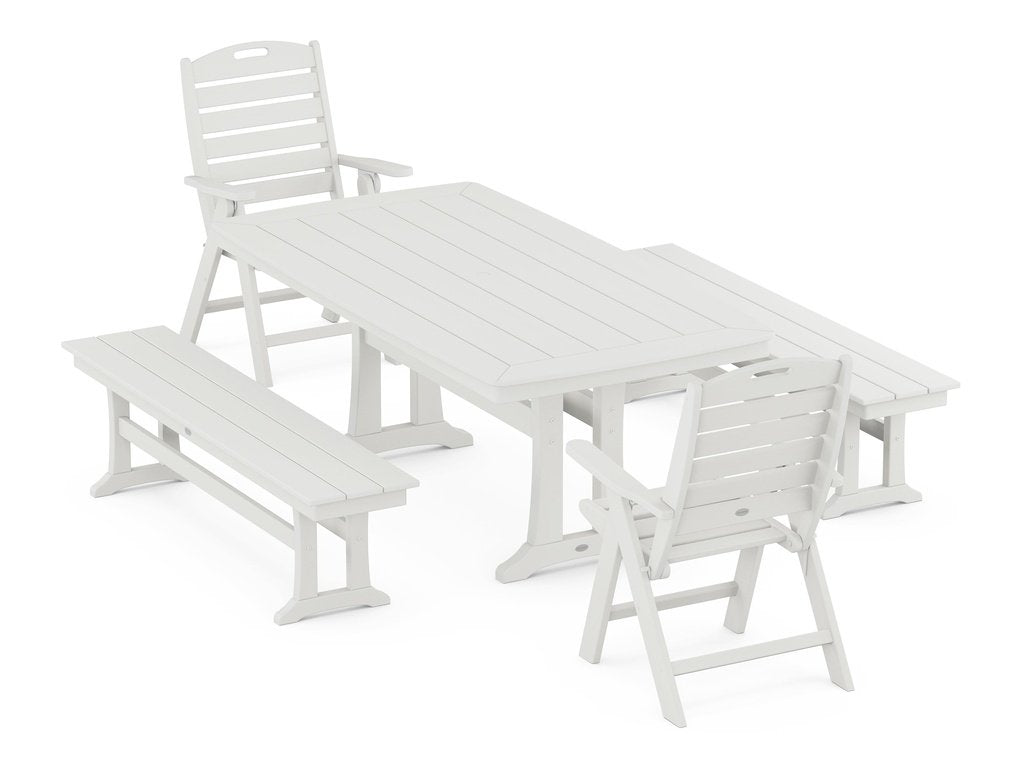 Nautical Folding Highback Chair 5-Piece Dining Set with Trestle Legs and Benches Photo