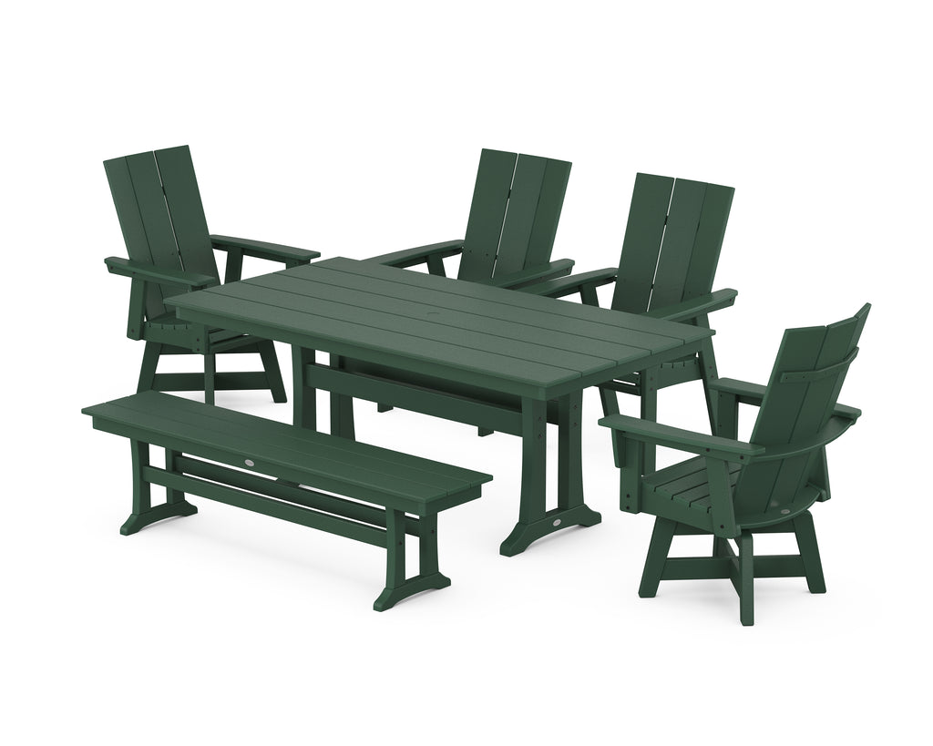 Modern Curveback Adirondack Swivel Chair 6-Piece Farmhouse Dining Set With Trestle Legs and Bench Photo