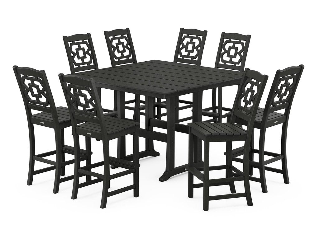 Chinoiserie 9-Piece Square Farmhouse Side Chair Bar Set with Trestle Legs Photo