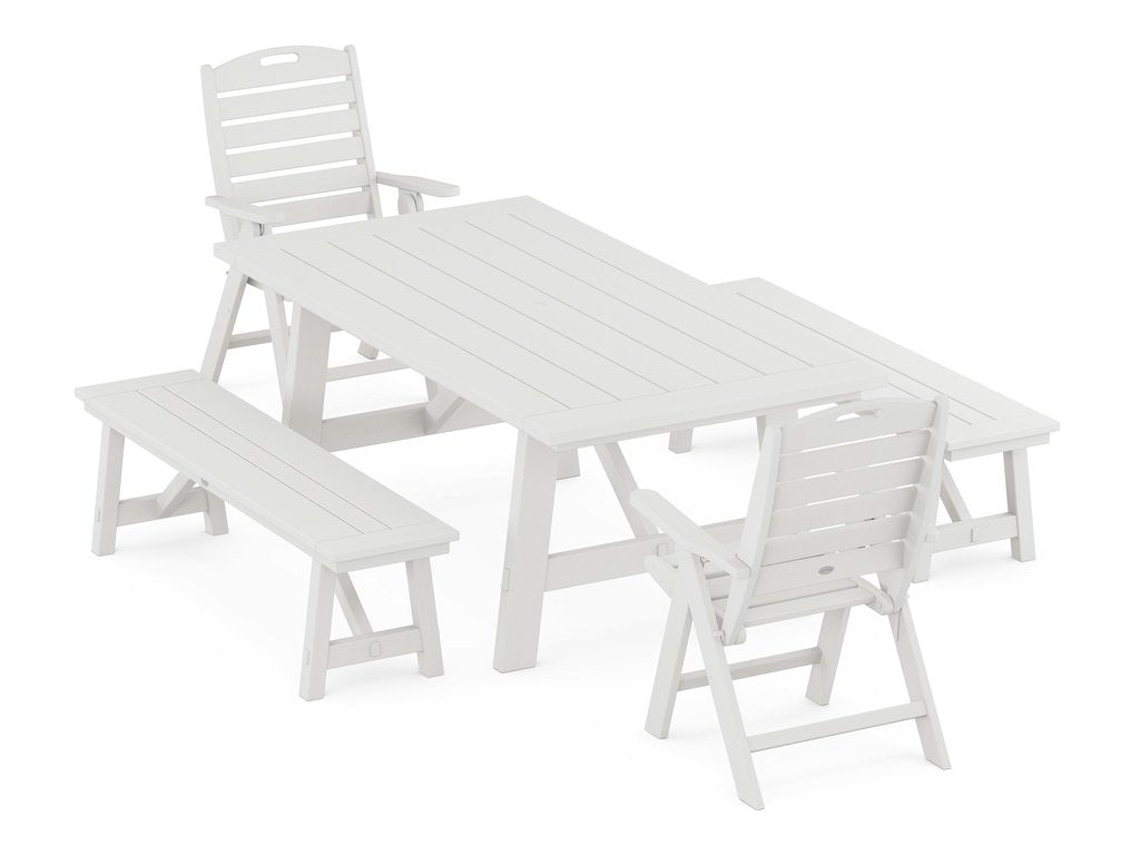 Nautical Folding Highback Chair 5-Piece Rustic Farmhouse Dining Set With Benches Photo