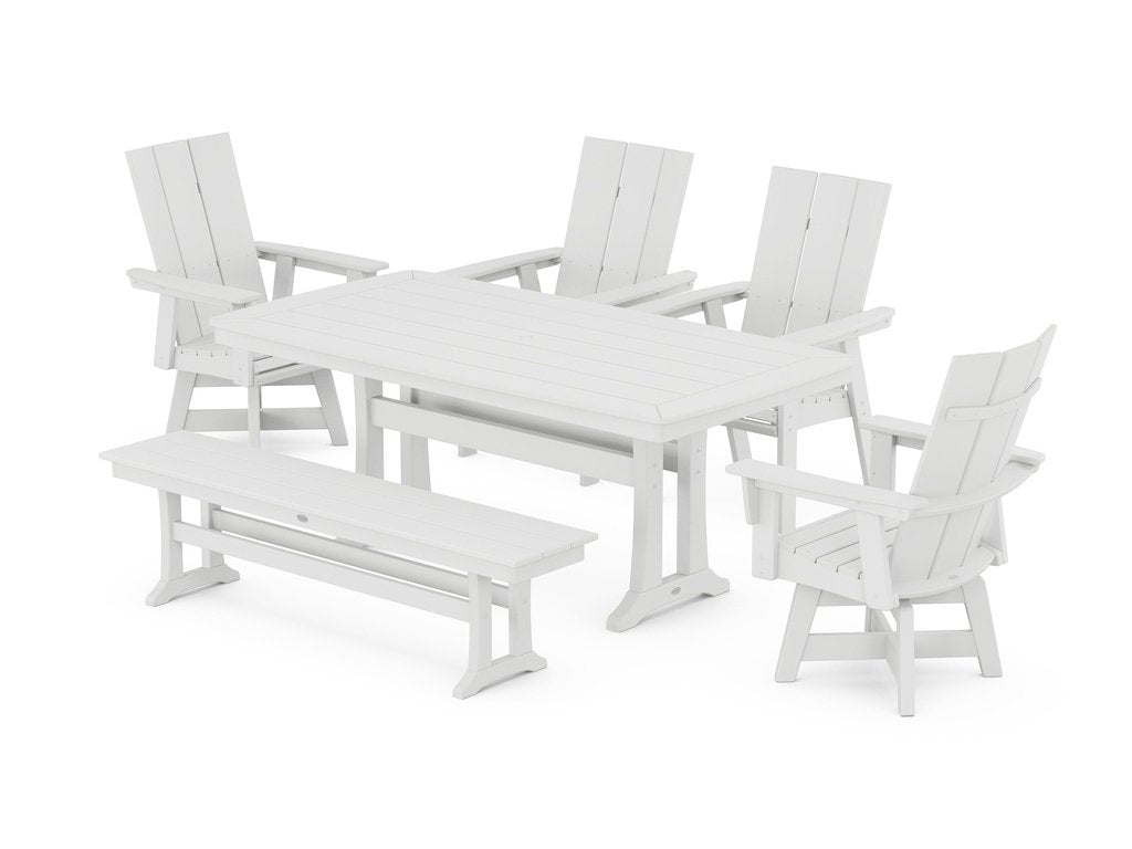 Modern Curveback Adirondack Swivel Chair 6-Piece Dining Set with Trestle Legs and Bench Photo