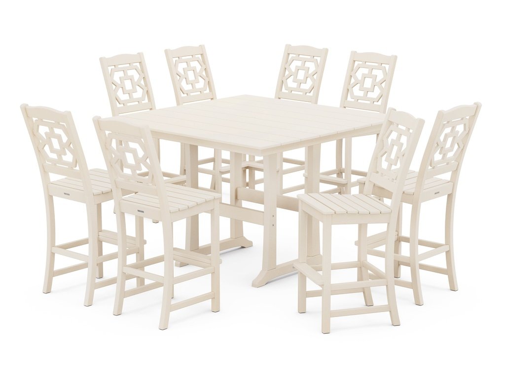 Chinoiserie 9-Piece Square Farmhouse Side Chair Bar Set with Trestle Legs Photo