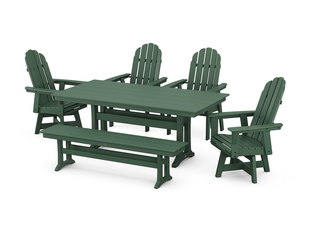 Vineyard Curveback Adirondack 6-Piece Swivel Chair Farmhouse Dining Set with Trestle Legs and Bench Photo