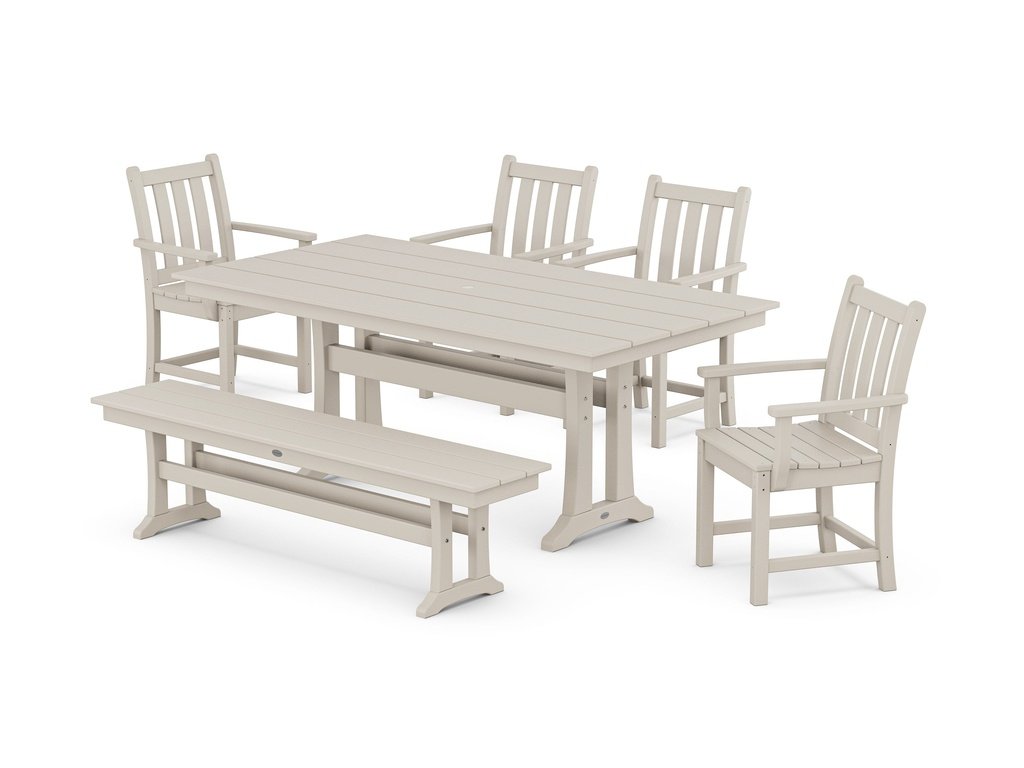 Traditional Garden Arm Chair 6-Piece Farmhouse Dining Set with Trestle Legs and Bench Photo