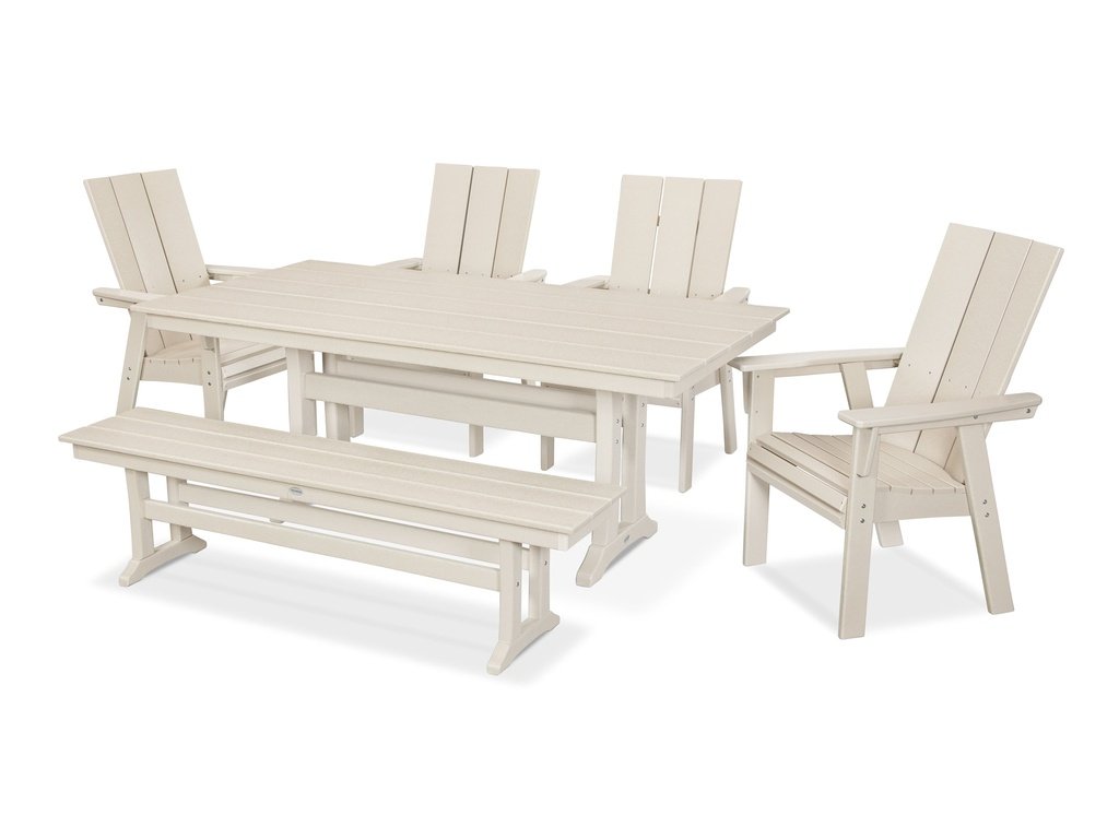 Modern Curveback Adirondack 6-Piece Farmhouse Dining Set with Trestle Legs and Bench Photo