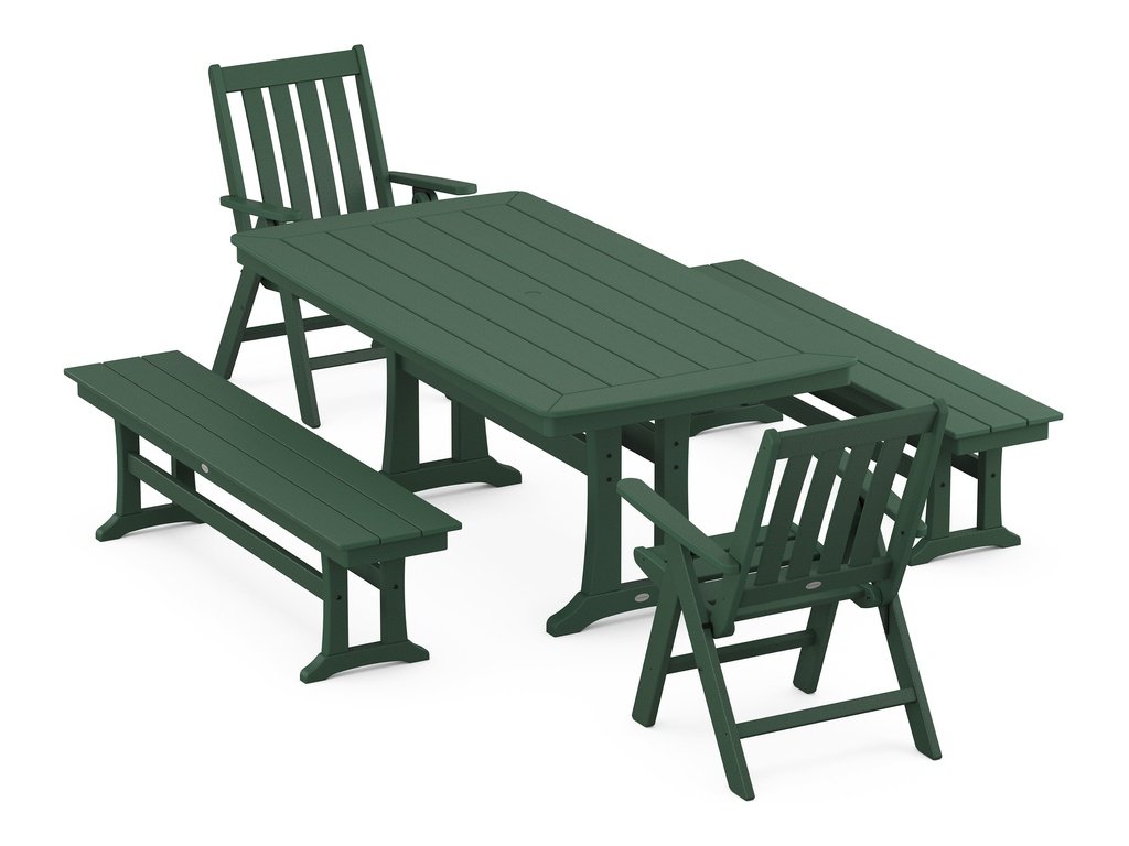 Vineyard Folding Chair 5-Piece Dining Set with Trestle Legs and Benches Photo