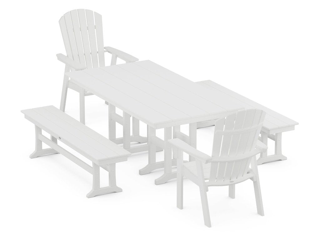 Nautical Curveback Adirondack 5-Piece Farmhouse Dining Set with Benches Photo