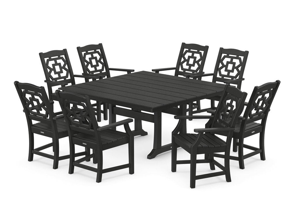 Chinoiserie 9-Piece Square Farmhouse Dining Set with Trestle Legs Photo