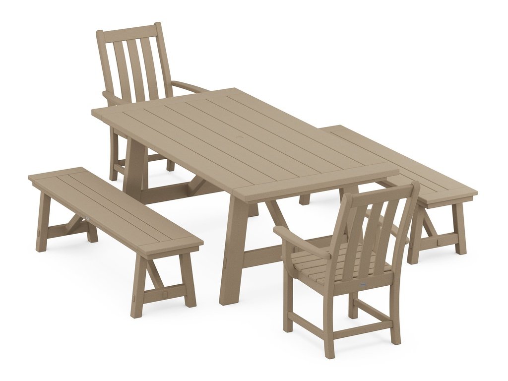 Vineyard 5-Piece Rustic Farmhouse Dining Set With Benches Photo