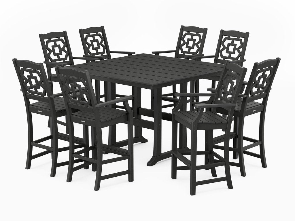 Chinoiserie 9-Piece Square Farmhouse Bar Set with Trestle Legs Photo