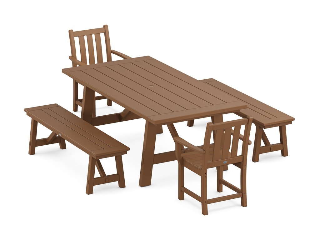 Traditional Garden 5-Piece Rustic Farmhouse Dining Set With Benches Photo